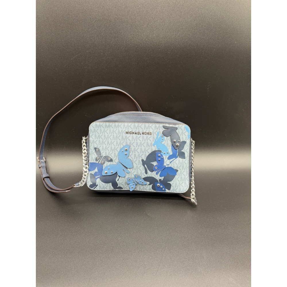 Michael Kors Jet Set Butterfly Camera Bag Blue MK Logo Crossbody 35S0STVC7B